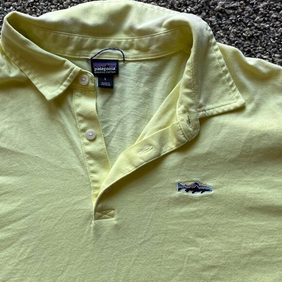 Yellow Patagonia Mens Large Polo Shirt, Embroidered Fish Logo - Picture 2 of 5
